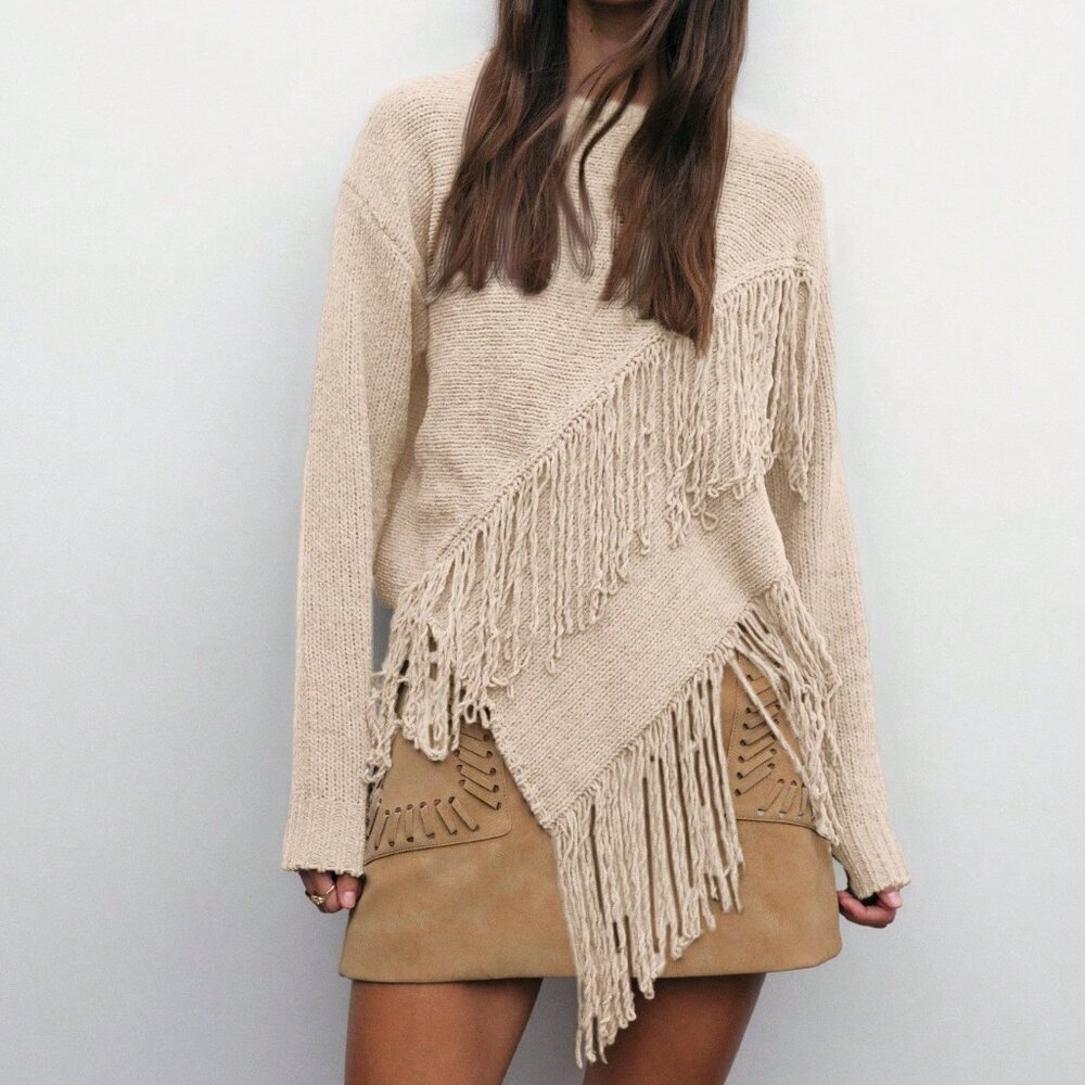 Beige Casual Women's Knit Sweater with Diagonal Fringe Asymmetric Hem